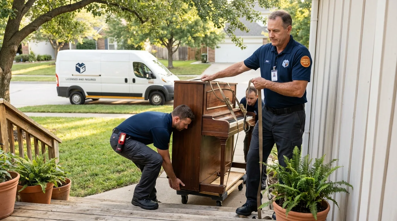 Licensed piano movers securing grand piano in Belton, MO