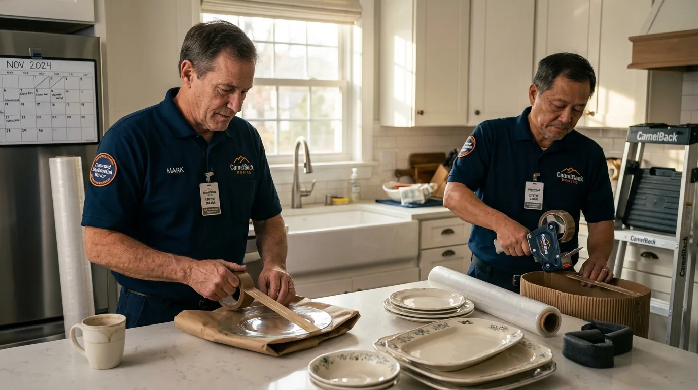 Professional crew packing kitchen dishware in Belton, MO